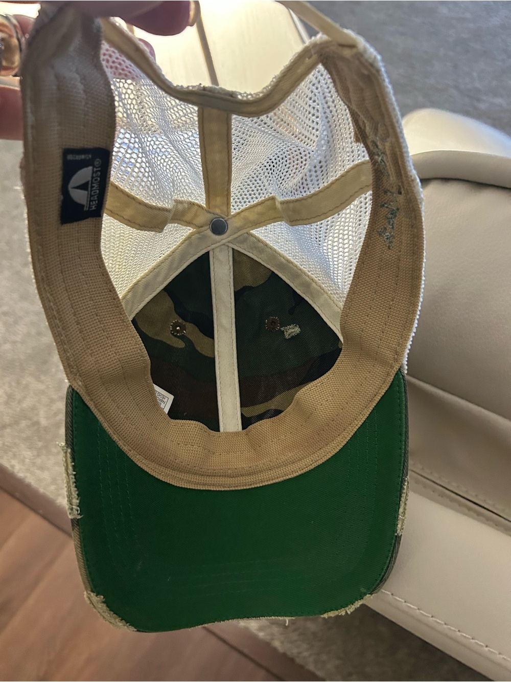Judith March Camo Mesh Trucker Hat with Pearl "21" Patch, OS, Distressed - Picture 5 of 7